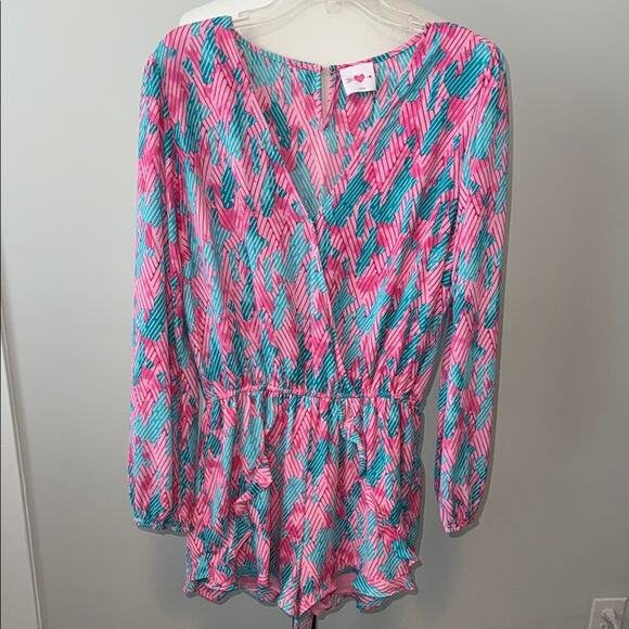Buddy Love Blue Pink Long Sleeve Shorts V-Neck Romper Women's Large - Picture 1 of 7